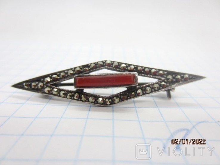 Brooch silver 925 marcasite with carnelian vintage, photo number 6