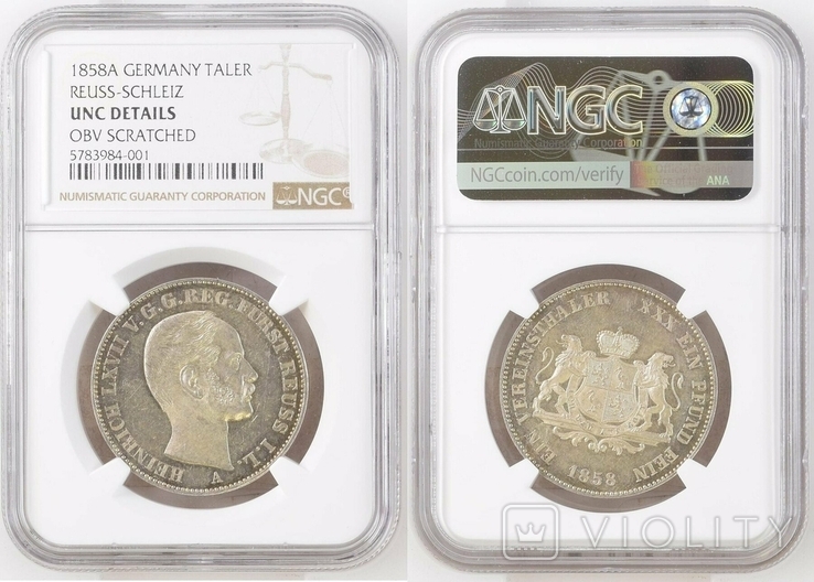 Германия 1 Талер 1858 Ройсс-Шлейц Генрих LXVII NGC UNC