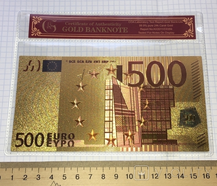 Позолоченная сувенирная банкнота 500 Euro в защитном файле, конверте / сувенір