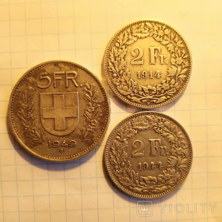 Три серебряные монеты Швейцария. 1914, 1944 и 1949 года., фото №7