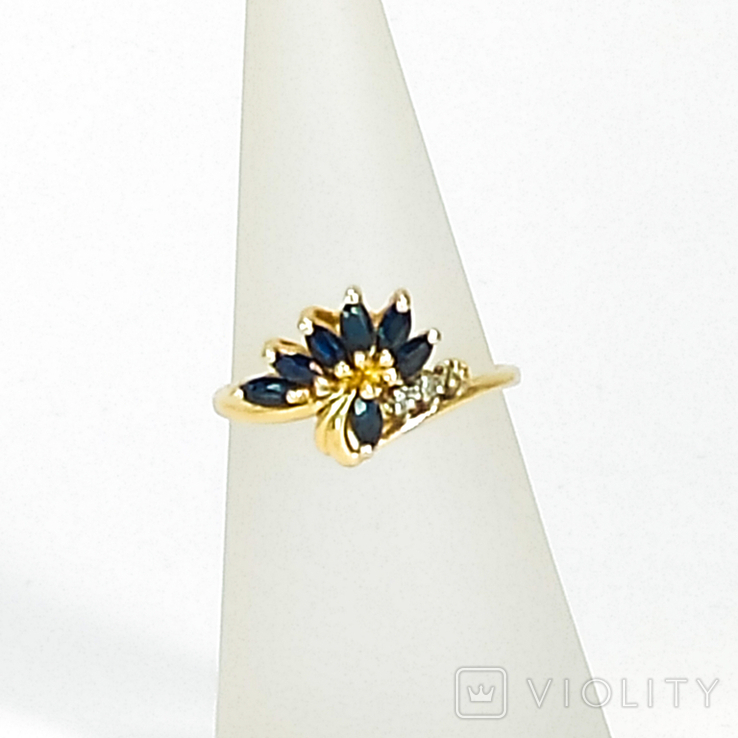Винтажное миниатюрное золотое (10к) кольцо с натуральными сапфирами и бриллиантами, фото №2