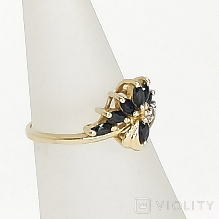 Винтажное миниатюрное золотое (10к) кольцо с натуральными сапфирами и бриллиантами, фото №3