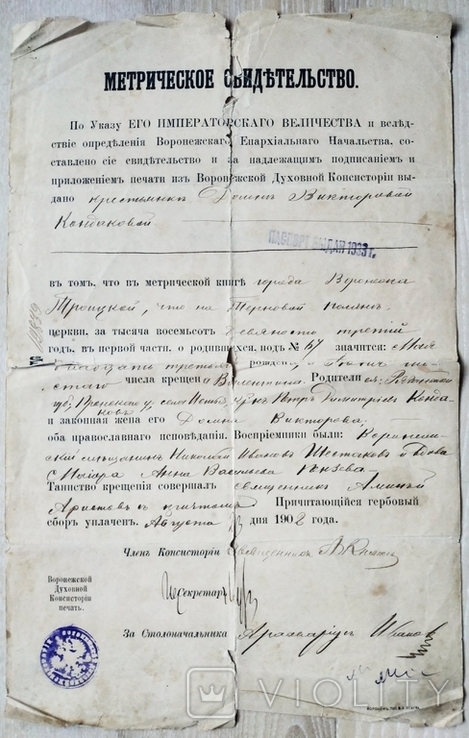  Voronezh Ecclesiastical Consistory Metric Certificate People's School Kiev Province, photo number 2