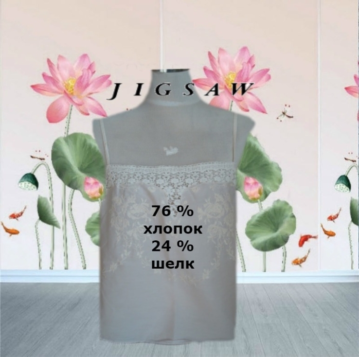 Jigsaw Шелк+хлопок Нежная красивая женская майка с вышивкой св. серо/белая, фото №2
