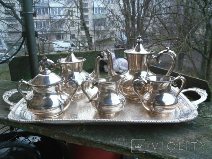 Антикварный чайно-кофейный посеребренный сервиз, фото №2