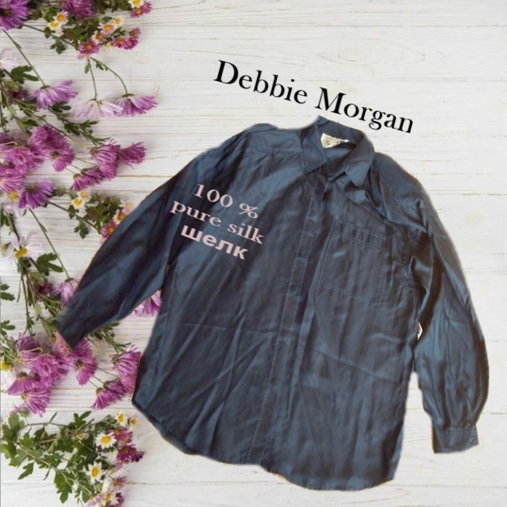 Debbie Morgan 100% pure silk Шелковая шикарная рубашка женская дл рукав синяя, photo number 3