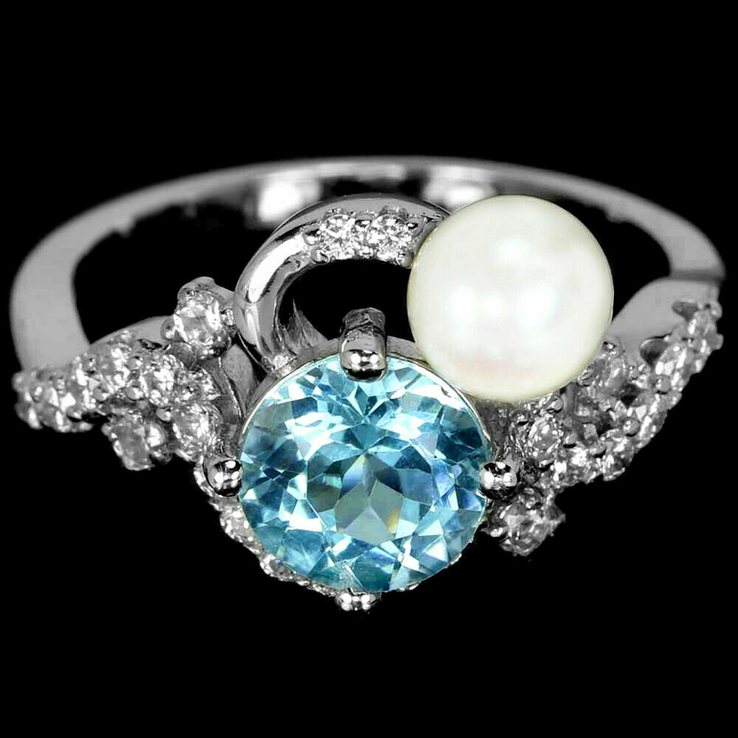 Кольцо серебряное 925 натуральный жемчуг, голубой топаз (SKY BLUE), цирконий. Р- 17.5, фото №2
