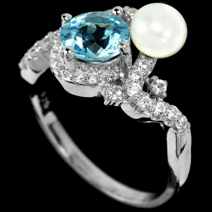 Кольцо серебряное 925 натуральный жемчуг, голубой топаз (SKY BLUE), цирконий. Р- 17.5, фото №3