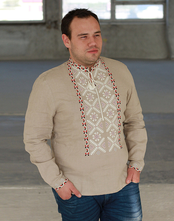 Вишиванка чоловіча Сумчанин з льону, бежевого кольору, фото №3