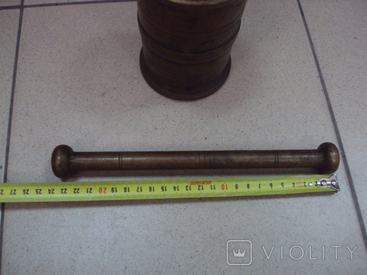 Mortar with pestle bronze height 13 cm, diameter 9 cm, pestle length 23.5 cm, photo number 4