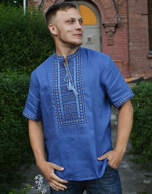 Вишиванка чоловіча "Українець" із льону, кольору синій джинс, numer zdjęcia 2
