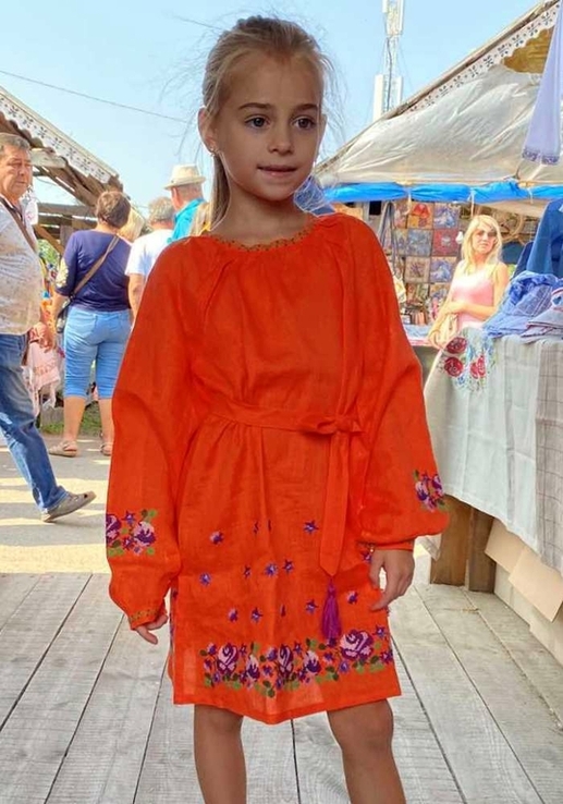  Сукня для дівчинки Трояндочки з льону, зріст 122-140, помаранчева