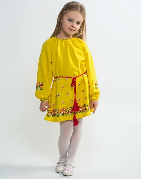 Сукня для дівчинки Трояндочки з льону, зріст 122-140, жовтого кольору, фото №3