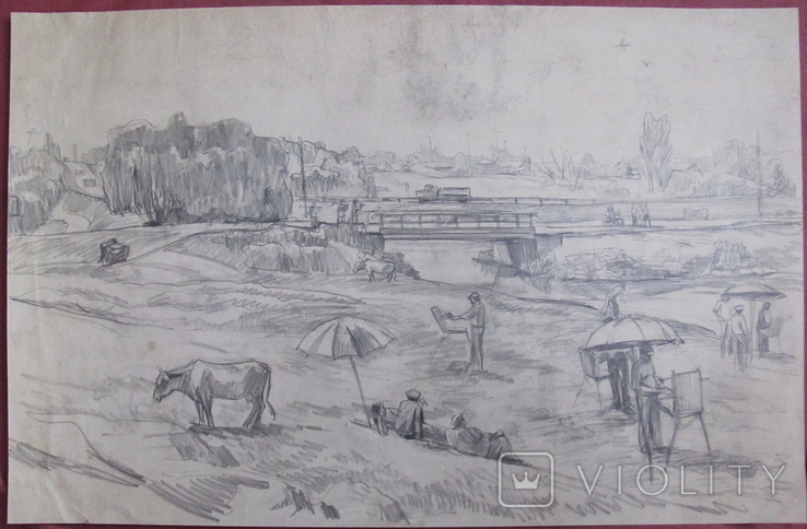 Соцреализм. Возле речки, село, лето. Рисунок с натуры, карандаш, 1970-е, фото №3