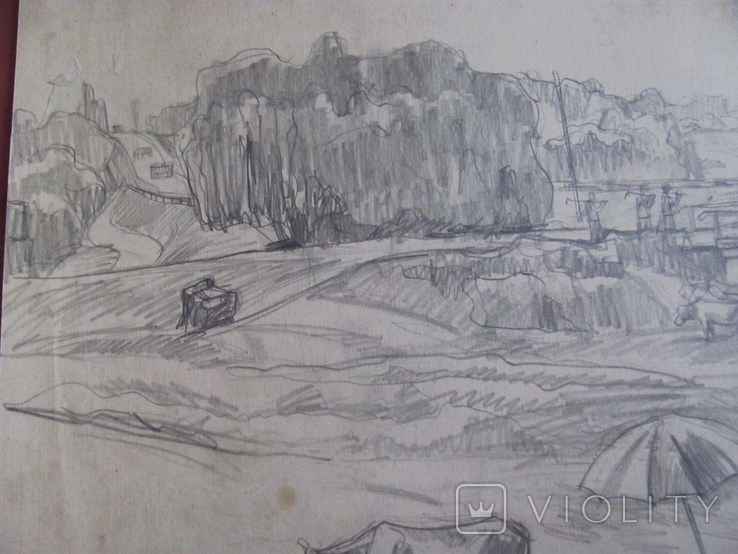Соцреализм. Возле речки, село, лето. Рисунок с натуры, карандаш, 1970-е, фото №4