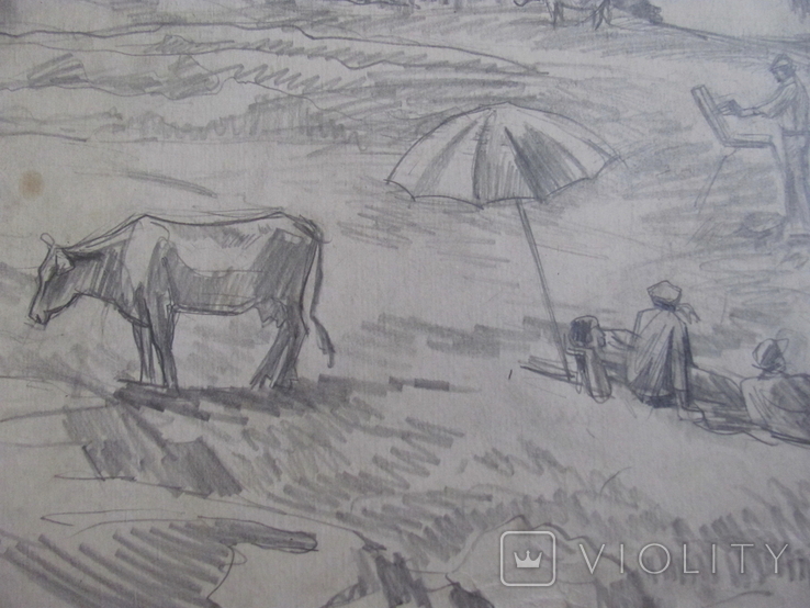 Соцреализм. Возле речки, село, лето. Рисунок с натуры, карандаш, 1970-е, фото №5