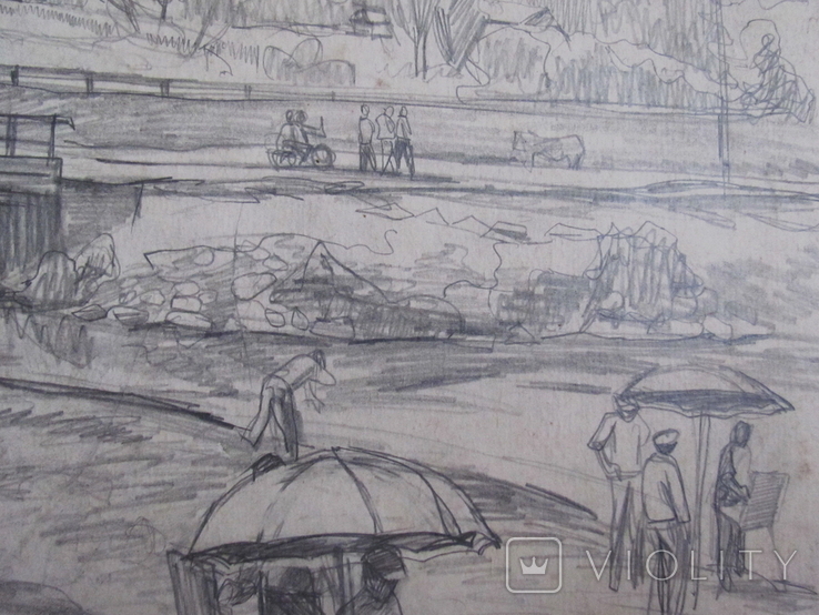 Соцреализм. Возле речки, село, лето. Рисунок с натуры, карандаш, 1970-е, фото №8
