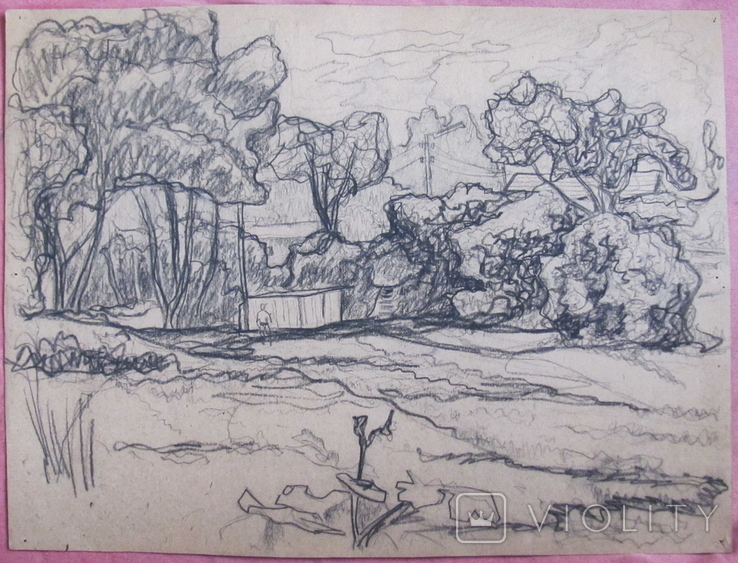 Соцреализм. Пейзаж сельский, карандаш. Рисунок с натуры, 1970-е, фото №3