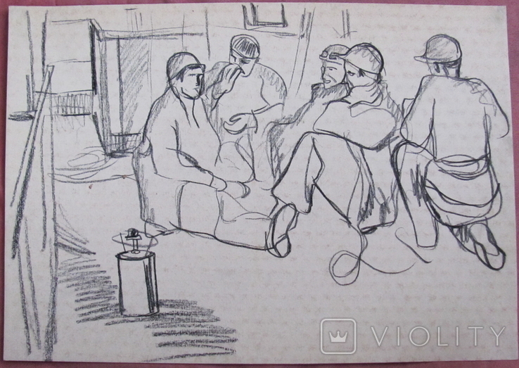 Соцреализм. Рабочие на перерыве, карандаш. Рисунок с натуры, 1970-е, фото №3