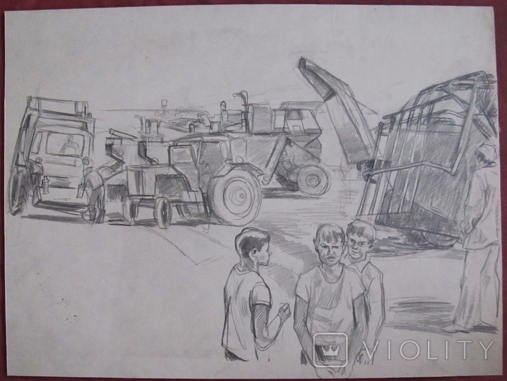 Соцреализм. Пацаны на уборке урожая, карандаш. Рисунок с натуры, 1970-е, фото №3