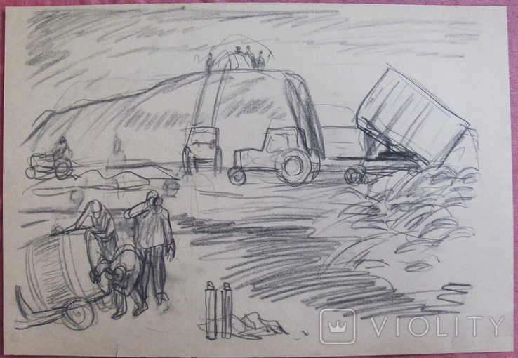 Соцреализм. Колхоз, скирдовка сена, карандаш. Рисунок с натуры, 1970-е, фото №3