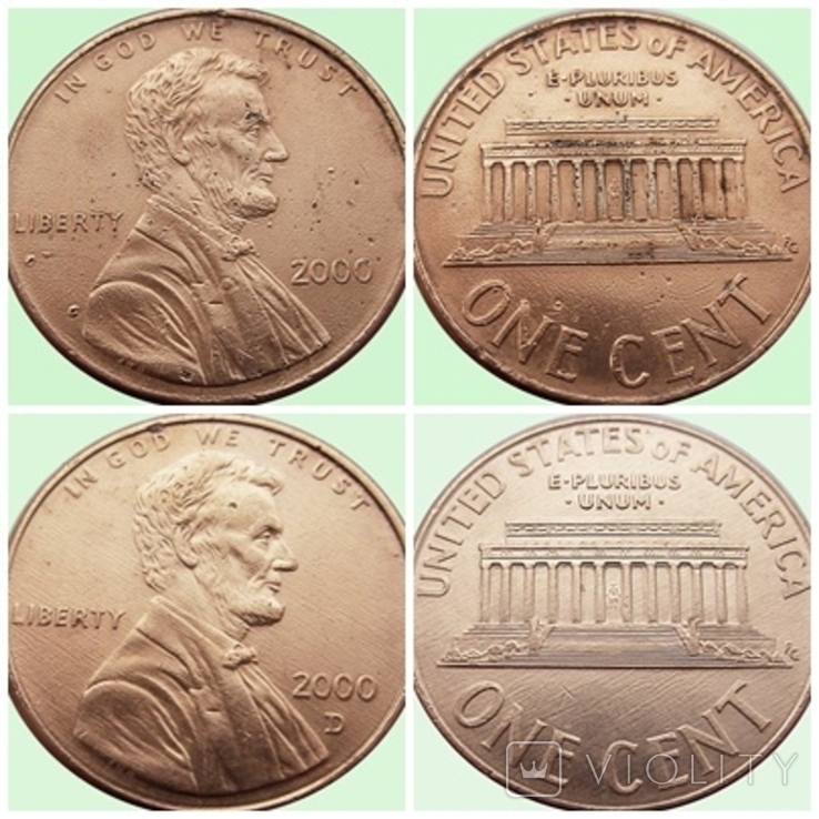 169.U.S. dwie monety 1 cent, 2000.Lincoln Cent bez i ze znakiem pomnika: "D" - Denver, numer zdjęcia 2
