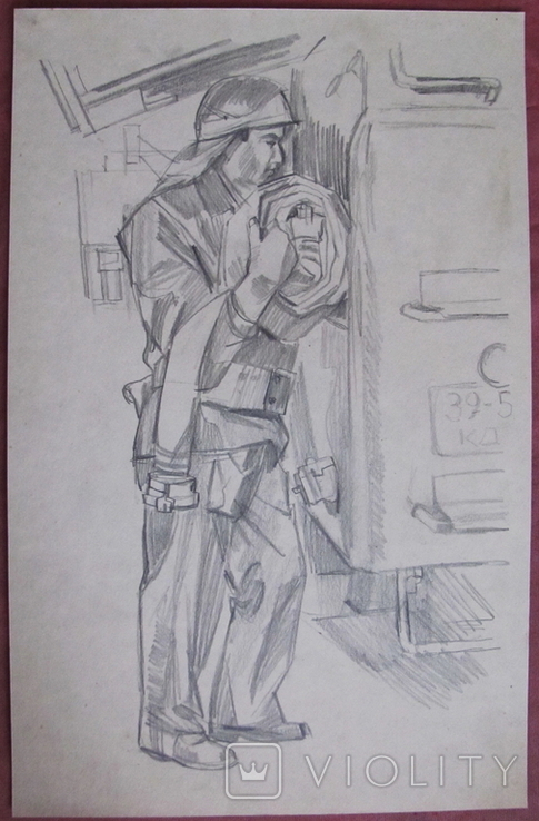 Соцреализм. Будни пожарного, карандаш. Рисунок с натуры, 1970-е, фото №3