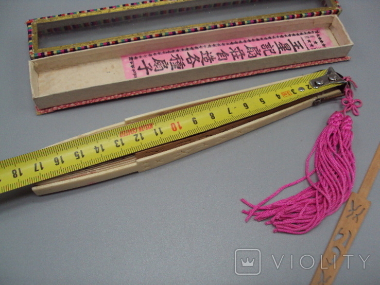 Веер узор цветы сакура кость Шанхай Китай длина 17,5 см в футляре, фото №5