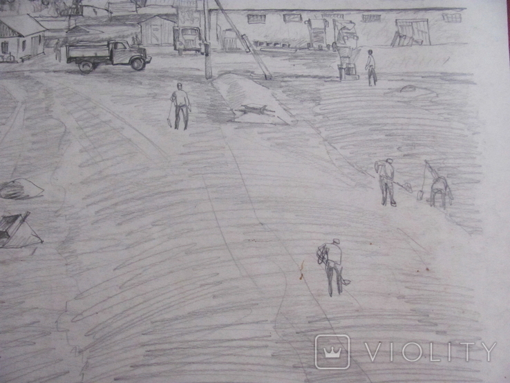 Соцреализм. Осенние работы в колхозе, карандаш. Рисунок с натуры, 1970-е, фото №4