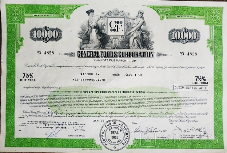  Акция США 1984 Банк США Акція General foods corporation GF 10000, фото №2