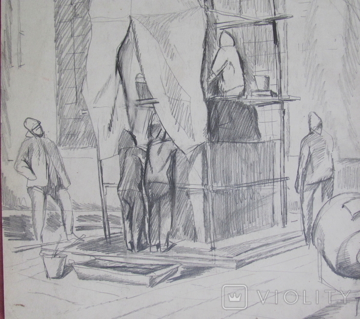 Соцреализм. Строительство памятника, карандаш. Рисунок с натуры, 1970-е, фото №4