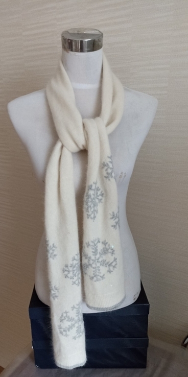Gap Шерсть ягненка+ангора Красивый теплый женский шарф в снежинки молочный, фото №5