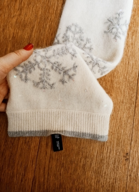 Gap Шерсть ягненка+ангора Красивый теплый женский шарф в снежинки молочный, фото №8