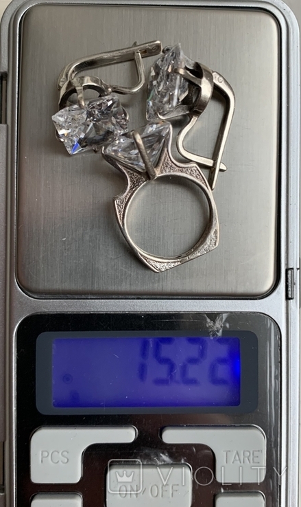 Набор из кольца и сережек, серебро 925, 6ХВА, камни природные белые, фото №6