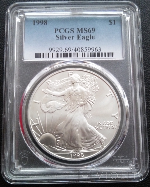 1 доллар США "Шагающая Свобода-Серебрянный орел", 1998 г, серебро слаб PCGS MS-69