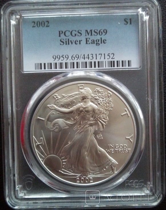 1 доллар США "Шагающая Свобода-Серебрянный орел", 2002 г, серебро слаб PCGS MS-69