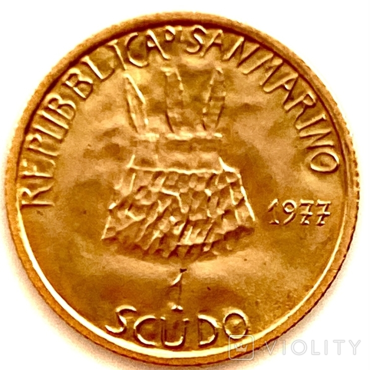 1 скудо (scudо).1977. Демократия. Республика Сан-Марино (золото 917, вес 3,0 г), фото №3
