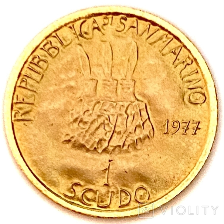 1 скудо (scudо).1977. Демократия. Республика Сан-Марино (золото 917, вес 3,0 г), фото №5