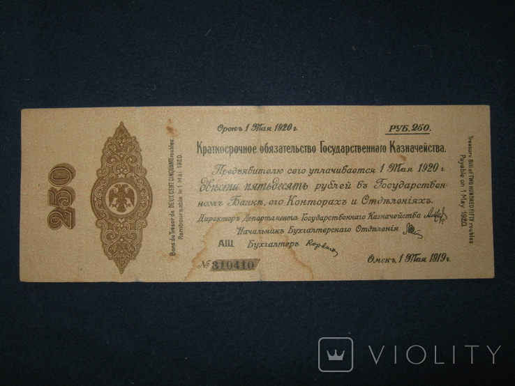 250 рублей 1919 года (Государственное казначейство, Омск)., фото №3