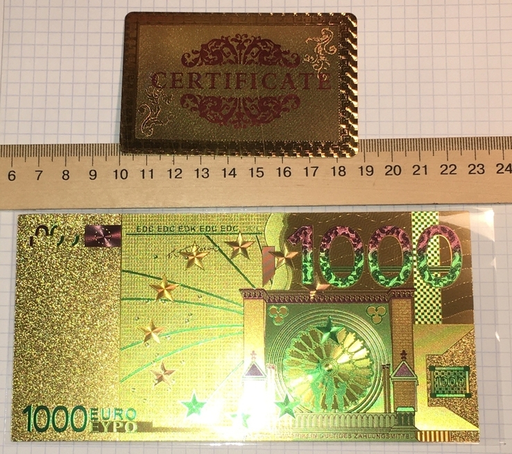 Золотая сувенирная банкнота 1000 Euro (24K) в защитном файле / золота сувенірна банкнота, фото №3