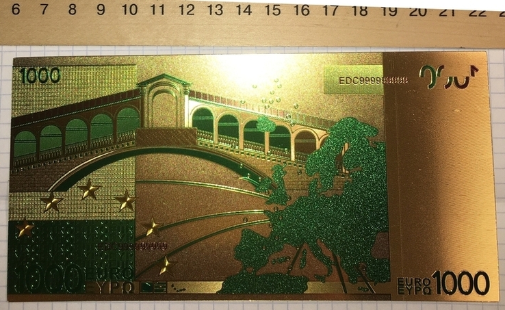 Золотая сувенирная банкнота 1000 Euro (24K) в защитном файле / золота сувенірна банкнота, фото №11