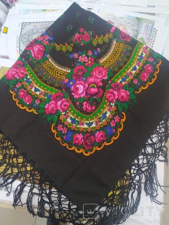 Shawl / Khustka. Color: Black with Multicolored Pattern. New. Ukraine