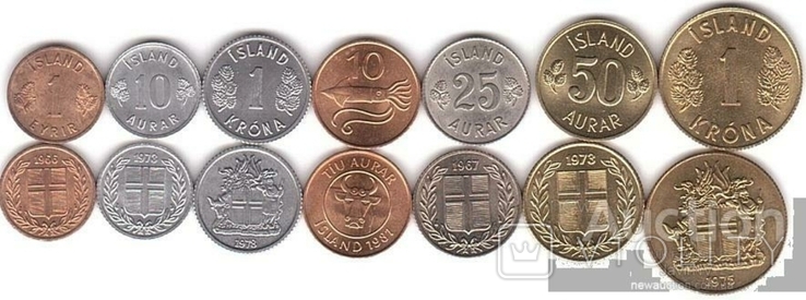 Iceland Iceland - 5 pcs x set of 7 coins 1 10 10 25 50 Aurar 1 1 Krona 1965 - 1981, photo number 3