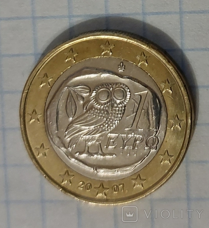 Монета 1 евро Греция Сова штемпельный блеск, photo number 2