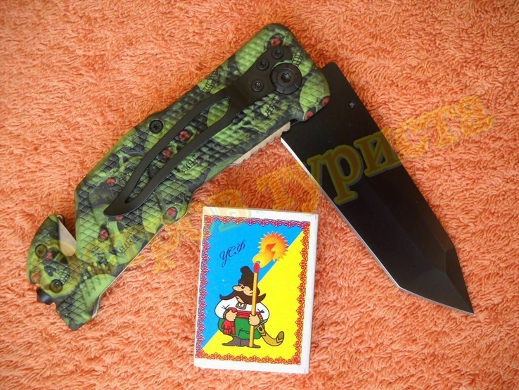 Нож тактический складной Green Skull стропорез стеклобой клипса, фото №5