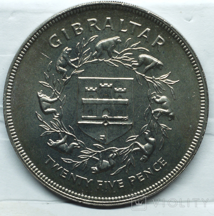 Гібралтар 25 пенсів, 1977 25 років правління королеви Єлизавети ІІ, фото №2