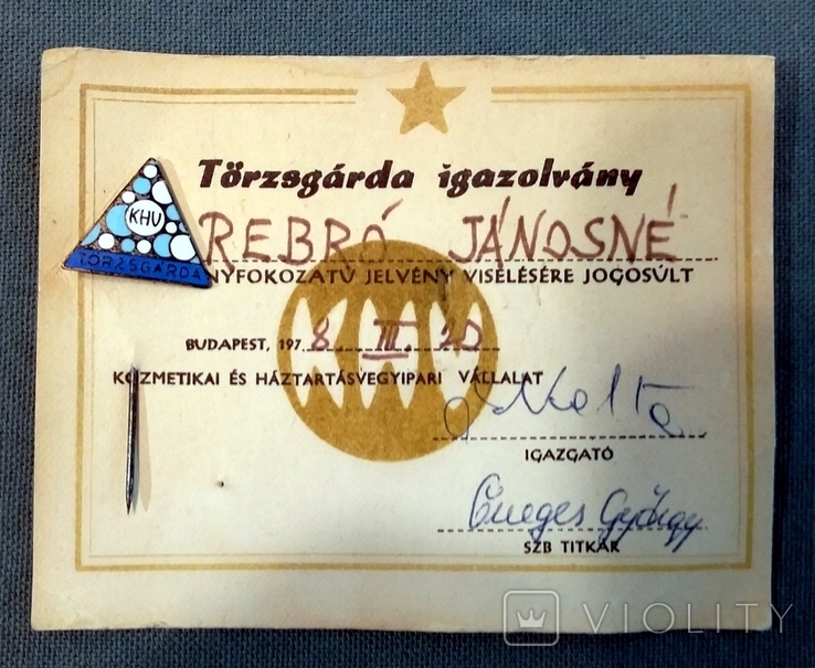 Значок металева емаль 1978 Більше 10 років Золотий ступінь на документі KHV Угорщина, фото №2