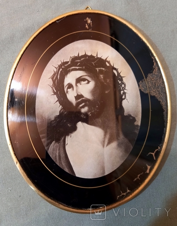 Jesus Antique Panel Glass Frame Brass Tag Europe 18*14.5cm, photo number 2