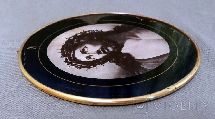 Jesus Antique Panel Glass Frame Brass Tag Europe 18*14.5cm, photo number 4