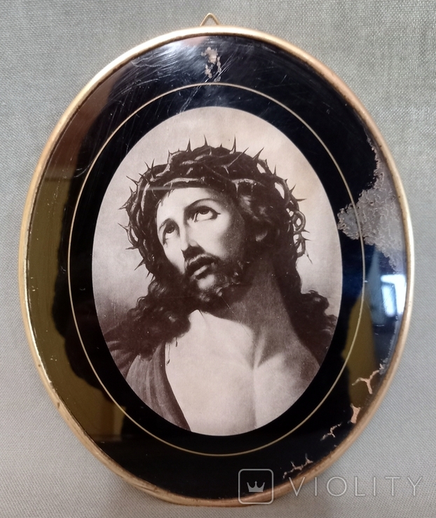 Jesus Antique Panel Glass Frame Brass Tag Europe 18*14.5cm, photo number 5